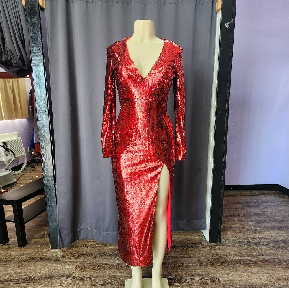 Red Sequin Dress with Side Slit